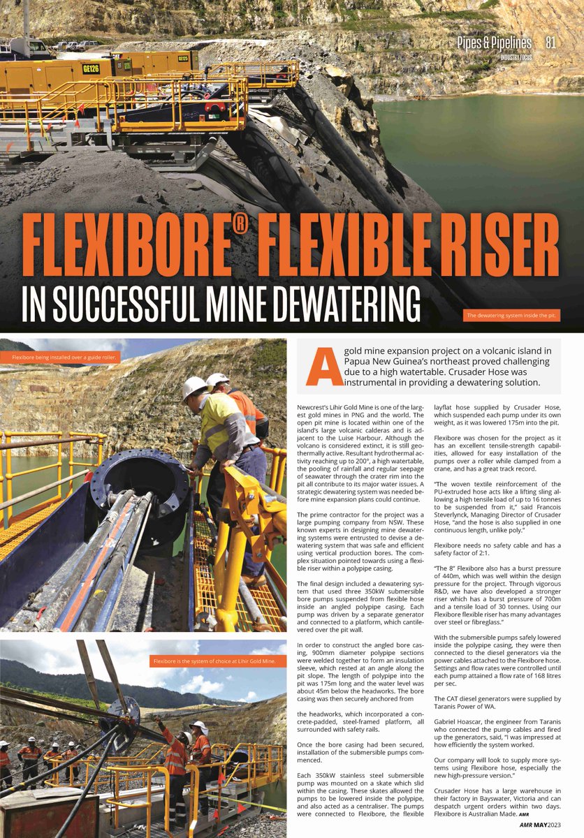 AuMiningReview's tweet image. Read More Here: australianminingreview.com.au/latest/#page=1
Crusader Hose | Flexibore Flexible Riser in Succesful Mine Dewatering.

#australinaminingreview #crusaderhose #hosesolutions #industrialhose #mininghose #oilandgashose #agriculturehose