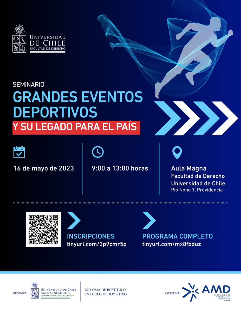 amd_chile's tweet photo. Estimados socios y socias queremos invitarlos cordialmente a  participar del "Seminario Grandes Eventos Deportivos y su Legado para el País" en la Facultad de Derecho de la Universidad de Chile, el día martes 16 de mayo de 9:00 a 13:00 hrs.  ¡Nos vemos¡  Comparte e Invita 🫶 https://t.co/dVhnrNFnPZ