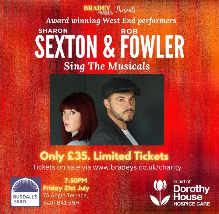 🌟 New Concert Alert 🌟
Sexton &amp; Fowler Sing The Musicals <a href="/BurdallsYard/">Burdall's Yard</a> (Bath) in aid of <a href="/DorothyHouseHC/">Dorothy House Hospice Care</a>. 21st July. Tickets include a meet and greet and signed poster, book here: bradeys-uk.square.site/product/sexton… <a href="/SharonSextonIRE/">Sharon Sexton</a> <a href="/RealRobFowler/">R O B • F O W L E R</a>