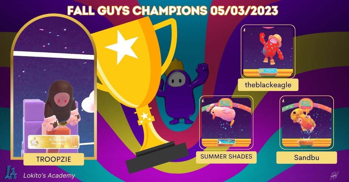 🌟🌟CONGRATULATIONS 🌟🌟
Our Fall Guys Champions for 05/03/2023
Big Winner: Troopzie won 2 rounds AND the WL from <a href="/CowboyC_NFT/">Cowboy Country ™</a> !  
Theblackagle took 2 race wins 
@sandbusama and <a href="/inSummerShades/">summershades</a> gave everyone a run for their SAMA taking their place in the winner's circle!