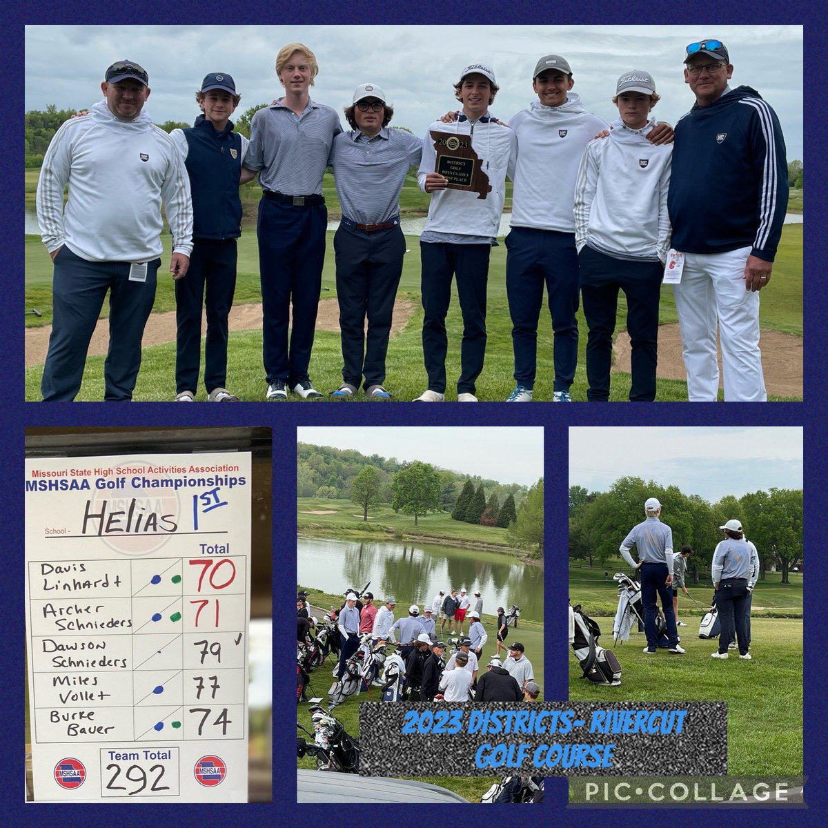 First place win at Districts playing Rivercut Golf Course in Springfield today with 292 Team Score. Davis Linhardt (70), Archer Schnieders (71), and Burke Bauer (74) were all-district team and state qualifiers. Miles Vollet qualified for state (77) and Dawson Schnieders carded 79