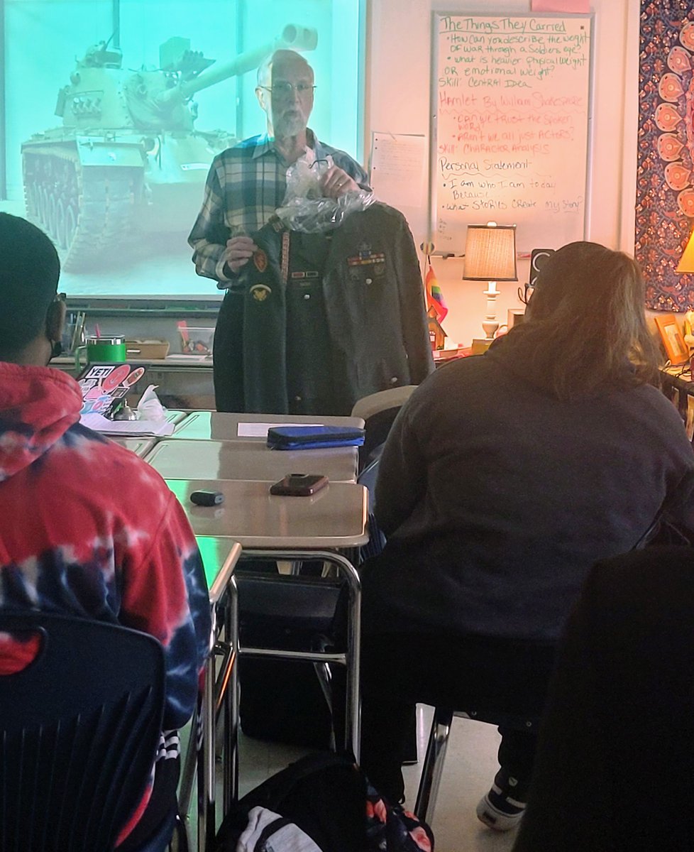 Kira_Vasconez's tweet photo. Mr. Bader sharing his personal experiences with our students. Thank you for your service. The Things They Carried!  Thanks Ms. Walsh for this great lesson. 
@KathleenWylie1 @SCSchools @EmilyTashjian https://t.co/jZJUruQMyv