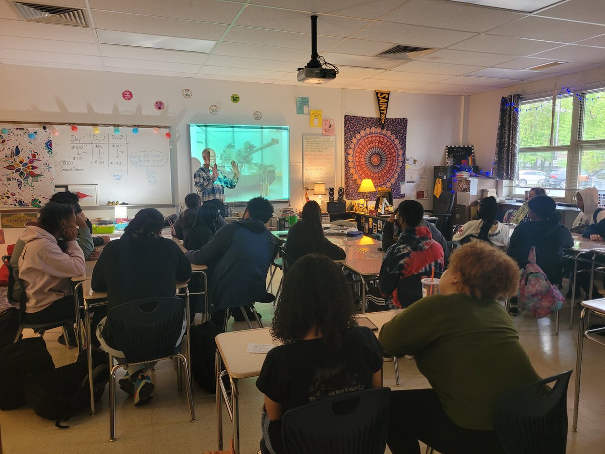 Kira_Vasconez's tweet photo. Mr. Bader sharing his personal experiences with our students. Thank you for your service. The Things They Carried!  Thanks Ms. Walsh for this great lesson. 
@KathleenWylie1 @SCSchools @EmilyTashjian https://t.co/jZJUruQMyv