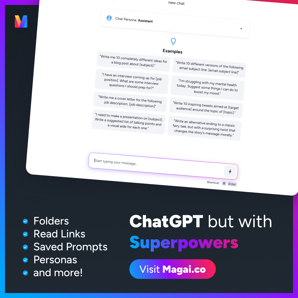 DustinWStout's tweet photo. If you're using #ChatGPT in any professional capacity, switch to @HeyMagai immediately. Why?

- Web browsing (read any live webpage)
- Folders (organize your chats)
- Image generation
- Save prompts for easy access later
- Easily search/filler your chats
- plus more!!!

Not to mention the UI is gorgeous. 
😍😍😍

And TEAM FEATURES coming next week!! 

Get 7 days for free to see just how much more you can accomplish with Magai! https://t.co/42HFlCwN3e