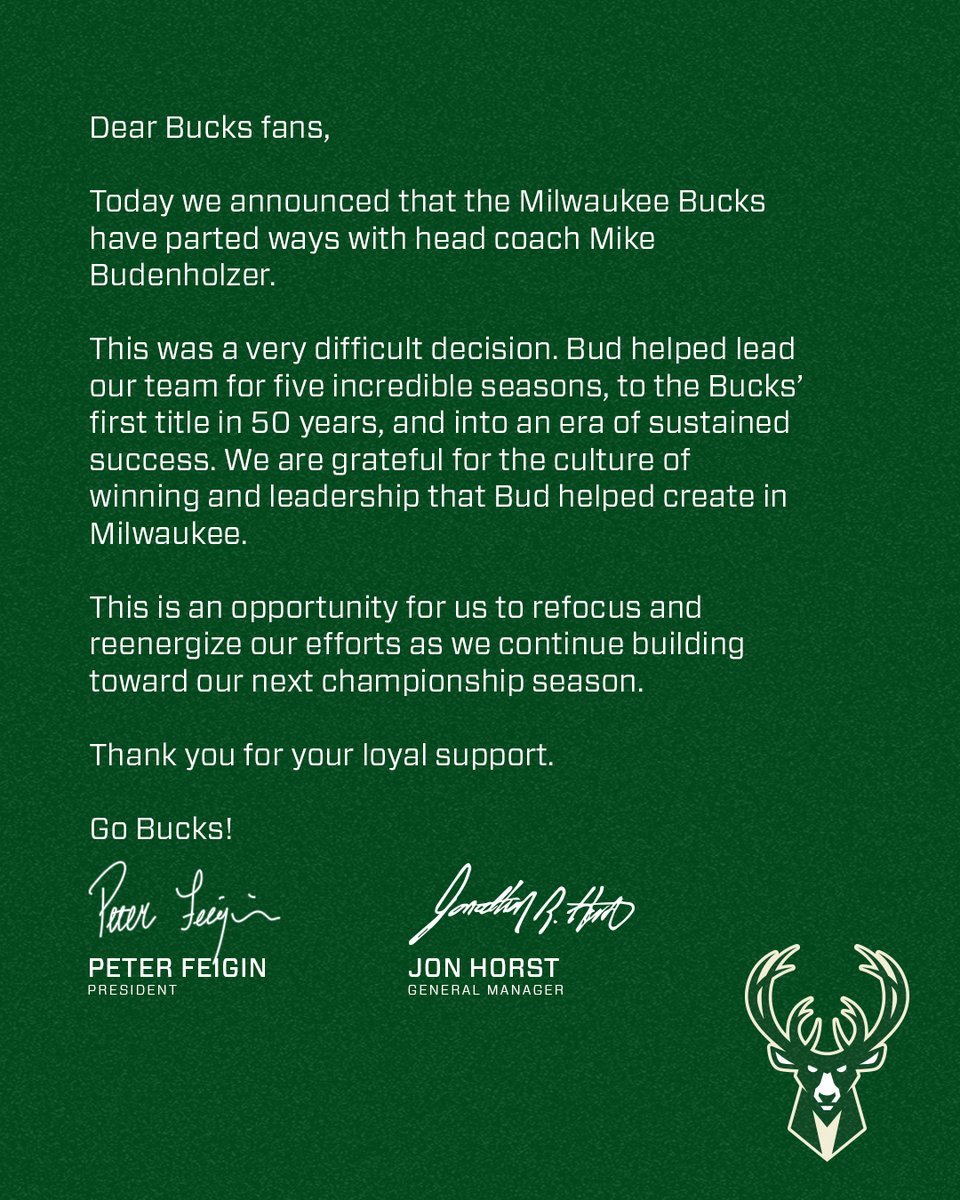 Bucks's tweet photo. A letter from Bucks General Manager Jon Horst and Team President Peter Feigin. https://t.co/8Y8t8V918x