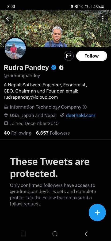 rupeish's tweet photo. @resham_khatri @rudrarajpandey @DeerwalkAuto अरूको खेदो खन्न खप्पिस वहाँको छाला चाहिँ निकै पातलो रहेछ। खेदो किन खनेको भनेर सोधेको प्रश्नको उत्तर दिनुभन्दा ट्वीट नै हेर्न नमिल्ने बनाइदिनु भएछ। This also shows that the barrage of comments made against Mr Pun by Rudra jee is most likely based on personal pettiness. https://t.co/V5O7Ac0nAi