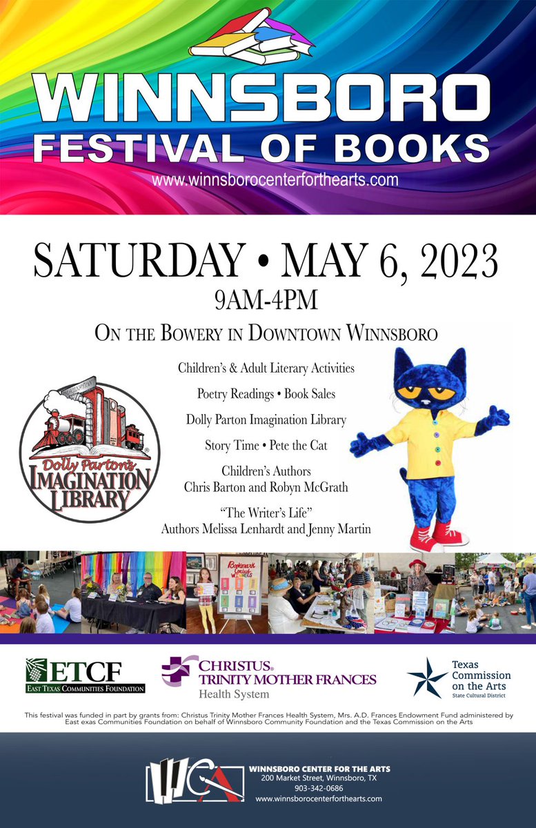 LoneStarLit's tweet photo. Coming up on the #LoneStarLit Special Events calendar is the Winnsboro Festival of Books, sponsored by the @WcaCenter Winnsboro Center for the Arts, on May 6. Link up on #LoneStarLit. 
https://t.co/ELp4nUyaFC
#ThingsToDoInTexas #TexasReaders #TexasAuthors #LiteraryTexas #bookfest https://t.co/r6Ej7d3W8b