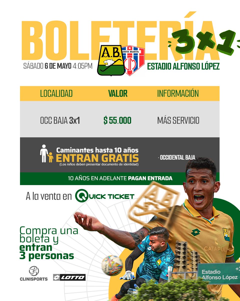 ABucaramanga's tweet photo. 🎫𝗕𝗢𝗟𝗘𝗧𝗘𝗥Í𝗔 
Ya están disponibles las entradas para el partido frente a Unión Magdalena. ¡recuerda que hay 3x1!

⚠️3x1 Válido también para abonados 

𝗘𝗻𝘁𝗿𝗮𝗱𝗮𝘀 𝗮 𝗹𝗮 𝘃𝗲𝗻𝘁𝗮 𝗲𝗻 𝗤𝘂𝗶𝗰𝗸𝗧𝗶𝗰𝗸𝗲𝘁

#VamosLeopardos #VamosBucaros https://t.co/bgHZhW2Qbd
