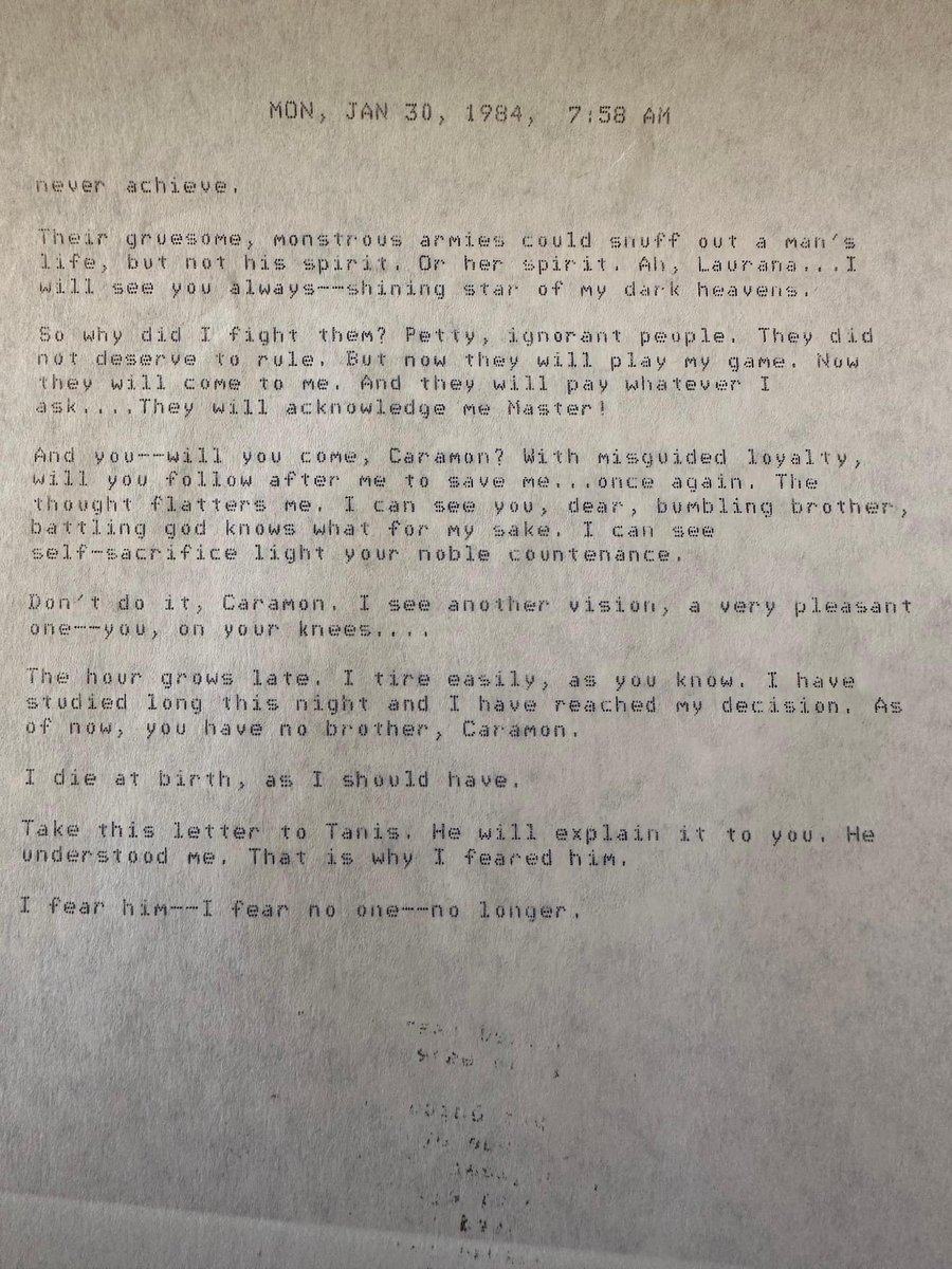 I was waiting for <a href="/WeisMargaret/">Margaret Weis</a> to post this first…

I was on my way home from <a href="/GaryCon/">Gary Con</a> last month when Margaret called me &amp; told me to stop by her house before I left town.
She handed me this: an unpublished letter from Raistlin to Caramon… it may be her best writing ever…