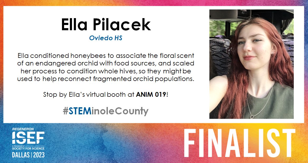 SeminoleSciFair's tweet photo. Congratulations to @Society4Science #RegeneronISEF Finalist Ella Pilacek! We can't wait for you to represent #STEMinoleCounty next week in Dallas. See her #InspireInnovation with her virtual booth at https://t.co/oou7UObtsE. 
@SCPSInfo @Oviedo_High @OviedoResearch @FloridaSSEF https://t.co/xPxQh0b7Ef