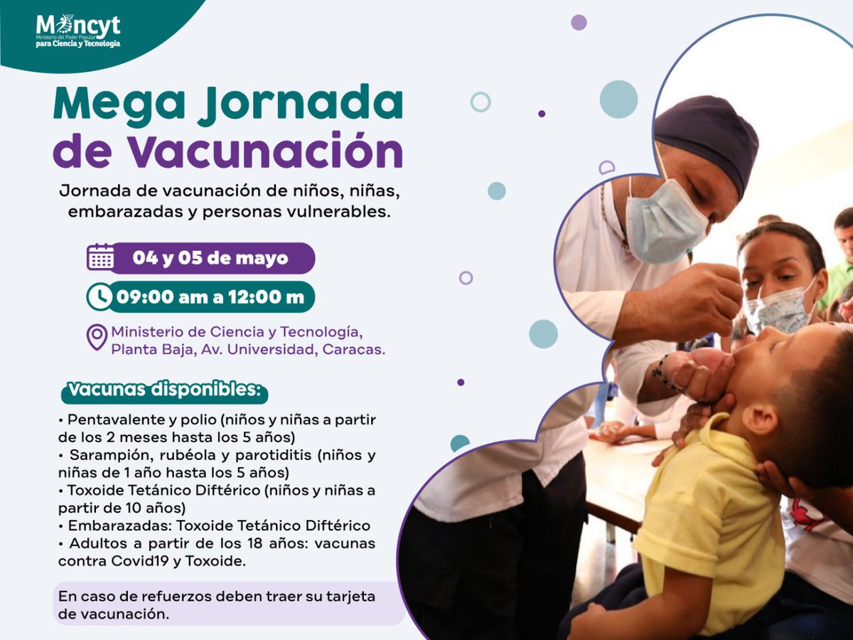 Es la oportunidad de inmunizarte junto a tus hijos #JornadaDeVacunación mañana 5 de Mayo de 9 am 12 m en la Torre @Mincyt_VE Esquina del Chorro, La Hoyada .
#LaSiembraPetrolera

@Gabrielasjr 
@Mincyt_VE 
@LaRosaInfoVE 
@BrigadasCHCH 
@icarabobo2021 
@elianapnat