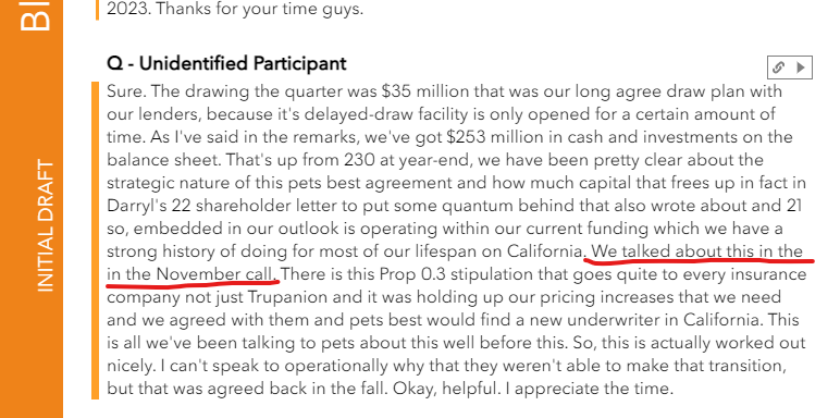 PlumbobPartners's tweet photo. @AlderLaneEggs @ActAccordingly Can someone help me out here?  Where in the 3Q call was this discussed??  First time any change in the Pets Best relationship was in the 4Q call in Feb 23.  And Daryl said it was due to capital. NOTHING ABOUT A CA REGULATION MANDATE!  Someone ain't tell the truth... $TRUP https://t.co/ZRbROJBuQl
