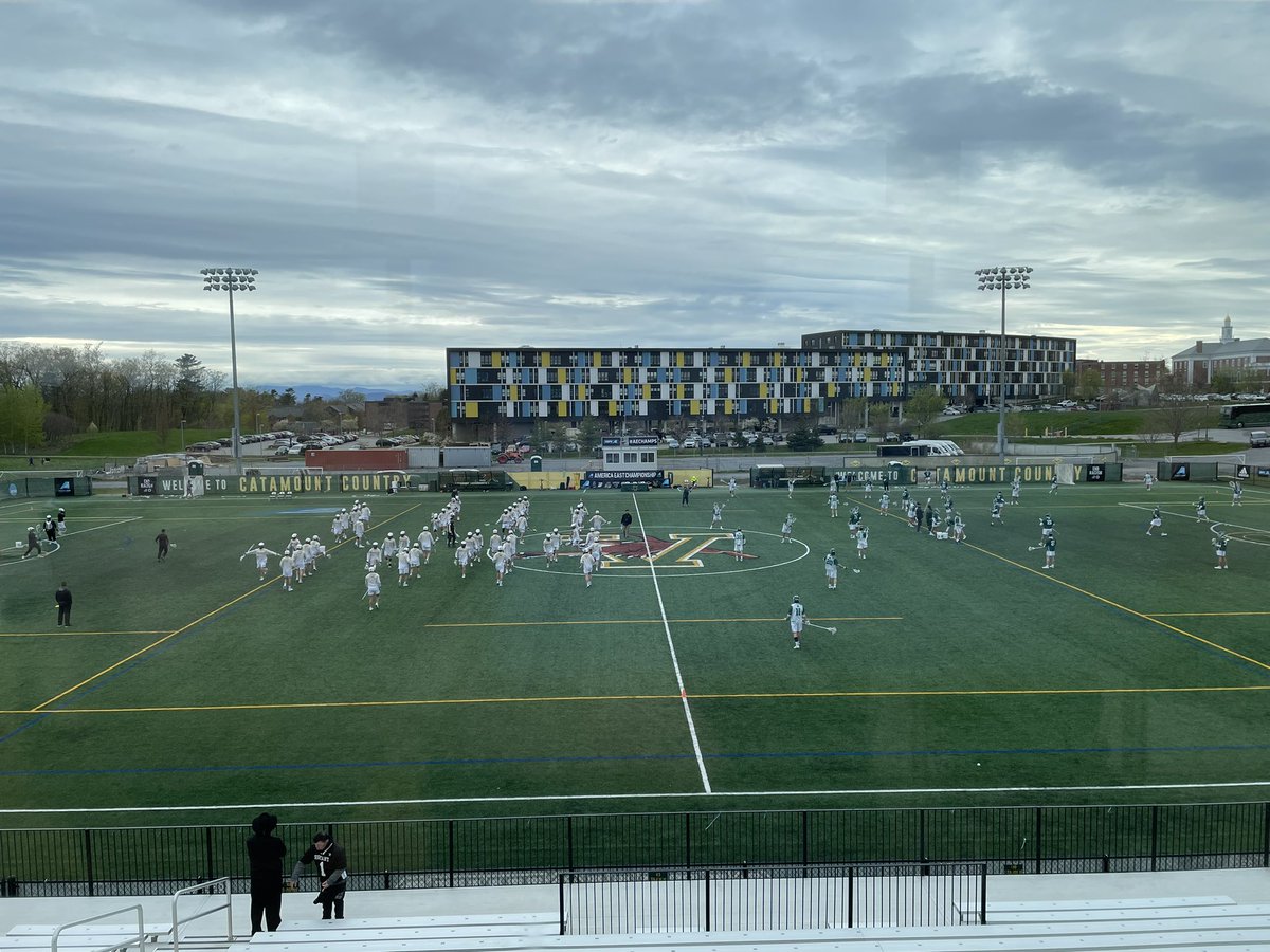 @UAlbanyMLax awaits the winner of the second semifinal between @BinghamtonMLAX #Bearcats and @Bryant_MLax #Bulldogs at 7:00 here @UVMathletics Virtue Field.  #PAGameDay #AEMLax #AEChamps