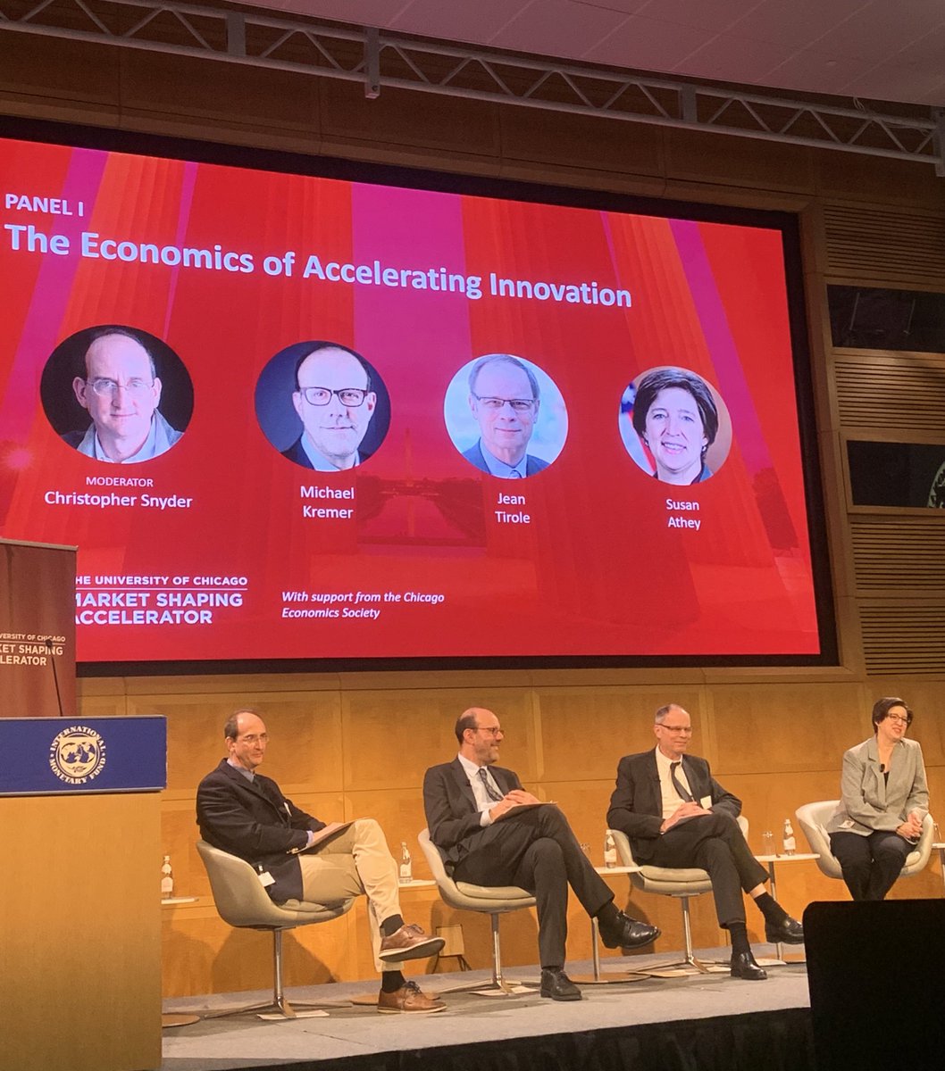 Our amazing speakers @Susan_Athey, Michael Kremer, @JeanTirole, and Christopher Snyder are leading the first panel discussion this evening on the economics of accelerating innovation, with Q&A to follow