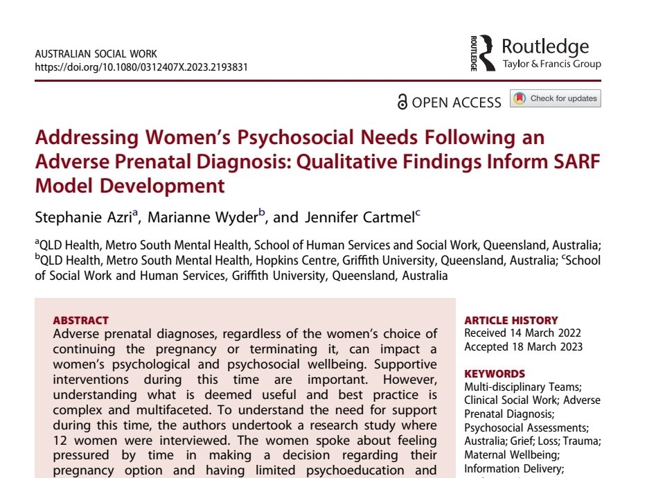 throughtheunex1's tweet photo. "A very strong theme was the lack of referral to appropriate psychosocial supports."

Australian qual. study with mothers who received a prenatal diagnosis of a fetal anomaly, includes the SARF model to guide holistic care. 

https://t.co/OwaJ0qqLZ4
#OpenAccess #PrenatalDiagnosis https://t.co/EkYUxY3fEm