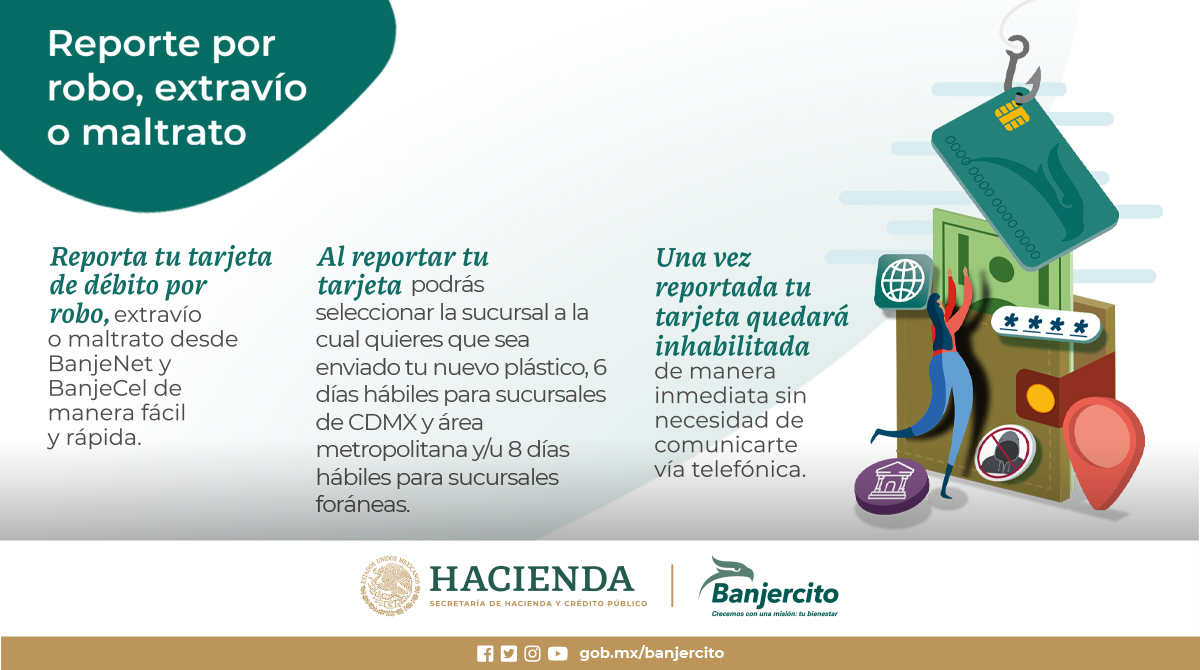 BanjercitoSNC's tweet photo. Reporta el robo, extravío o maltrato de tu tarjeta de débito Banjercito desde #BanjeNet 💻 y #BanjeCel 📱
@SEDENAmx @SEMAR_mx @GN_MEXICO_ https://t.co/bzGuMz2ynR