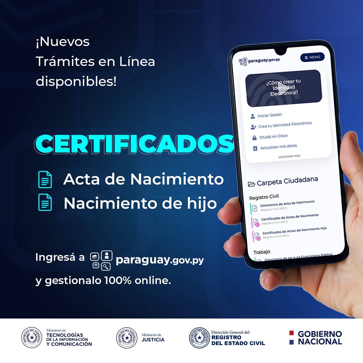 Por fin, el Certificado de Nacimiento tuyo y de tus hij@s disponible en el portal paraguay.gov.py 
Desde tu cel, desde cualquier lugar, sin filas ni gestores.