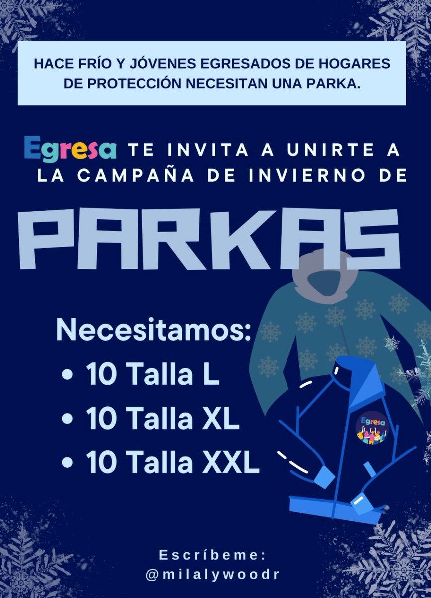 Chiquillos, 
Necesitamos conseguir
10 Parkas L
10 Parkas XL
10 Parkas XXL

Para jóvenes en proceso de egreso de hogares de menores.
Si quieres apoyarnos me escribes ❤️