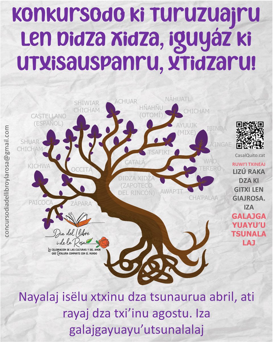 ZapotecoXidza's tweet photo. Concurso de narrativa en Zapoteco.

¡Amigos! Tenemos el gusto de invitarles a participar en el concurso de narrativa en Zapoteco que se realizará en el marco de la 11a edición del Día del libro y De la Rosa.

@YasnayaEG 
@Kiadorindani https://t.co/VKaK9fChtP