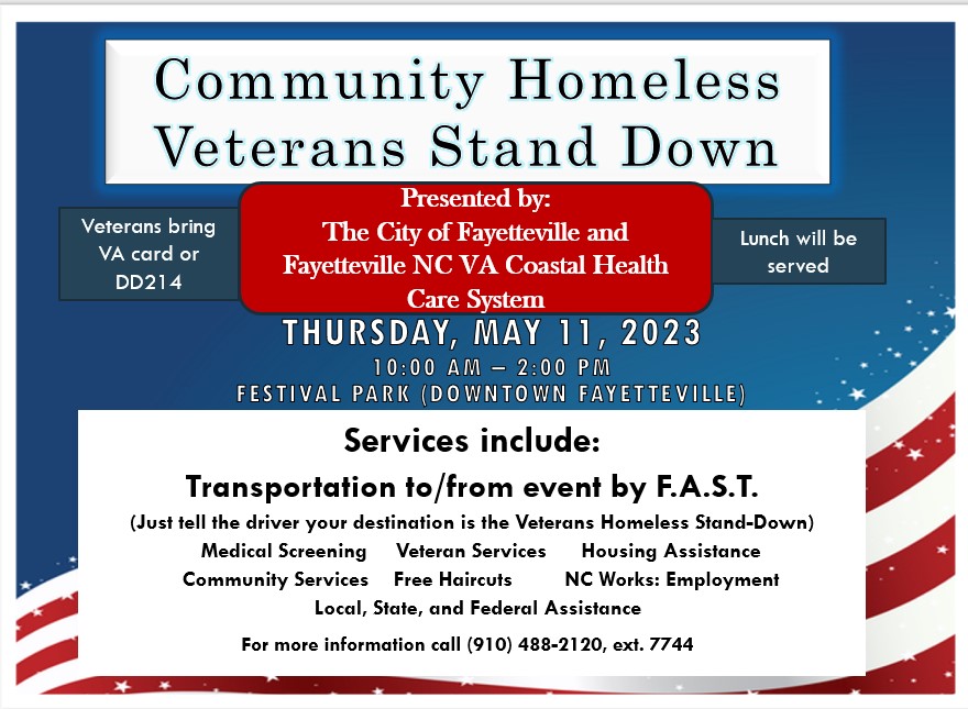 Veterans in need of assistance, join us May 11, 10 a.m. to 2 p.m., Festival Park, 335 Ray Ave, Fayetteville. @NCWorks employment information; housing assistance, medical screenings, free haircuts, free lunch. If you have DD214 or VA ID card, please bring it. #FayettevilleNC