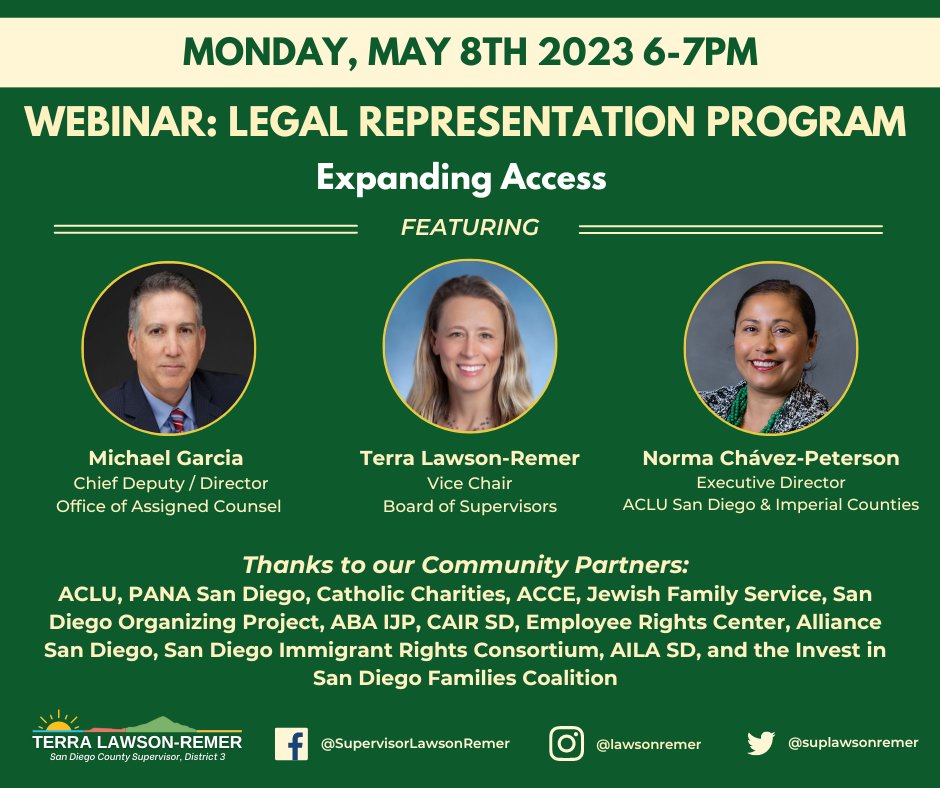 Last year, San Diego County became the first southern region to establish an immigration legal defense program, thanks to broad community support and a strong coalition of partners. Join us on Monday, May 8 to learn more and see what's next. Register Now: us06web.zoom.us/webinar/regist…