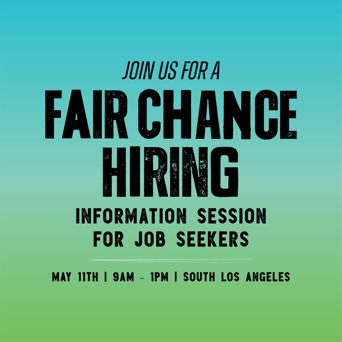 LACFairChance's tweet photo. ATTN JOBSEEKERS: Kickstart your career by checking out our #FAIRCHANCE employment info session on May 11 at @LASCCampus / South LA AJCC. Hear from @ROOTandREBOUND  &amp; learn about exciting opportunities from the @LACountyDHR.

REGISTER: https://t.co/Tsqgp4FLuG

#reentry https://t.co/sf8uGWV9Cn