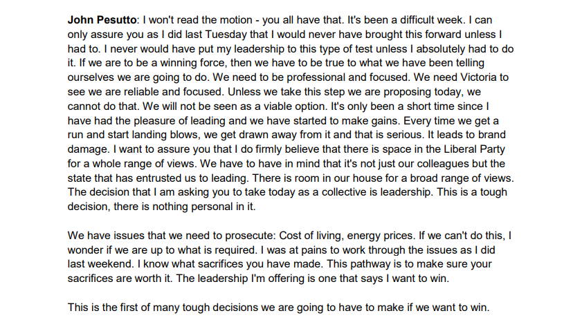 Leaked minutes of Moira Deeming expulsion meeting 🧵

John Pesutto's stated motivations were to avoid "brand damage" for VIC Liberals, &amp; "wanting to win"

No mention of defending trans community, or others targeted by NAZIs

1/3