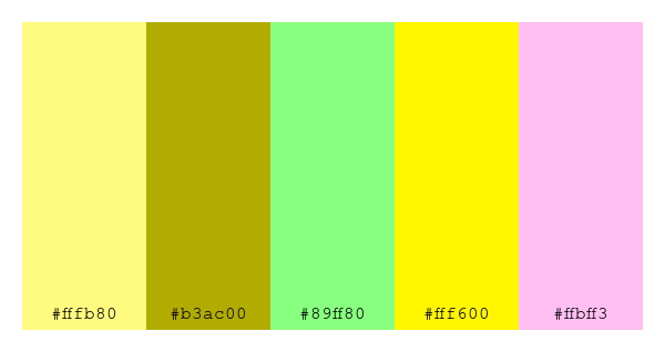 ColPaletteBot's tweet photo. Beep beep, here's a pretty color palette for you!
color-scheme.js parameters used:
- hue: 325
- variation: default
- colors: #fffb80, #b3ac00, #89ff80, #fff600, #ffbff3
Have a lovely evening!
#twitterbot #colorpalette #colors #palette #prettycolors https://t.co/ByhYhV2sXl