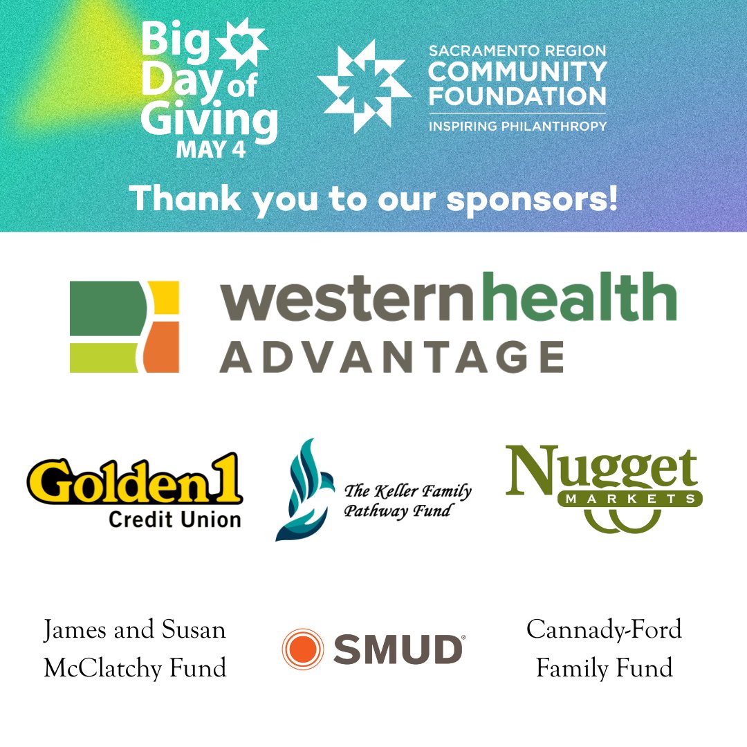 sacregcf's tweet photo. Give where your heart is BEFORE MIDNIGHT at https://t.co/leX8Iq8NeL!

💙 @WesternHealth
💚 @golden1cu
🧡 @Nugget_Market
💛 Cannady-Ford Family Fund
💙 James and Susan McClatchy Fund
💚 The Keller Family Pathway Fund
🧡 @SMUDUpdates
💛 @BoutinJones https://t.co/jcIRjmN1Zv