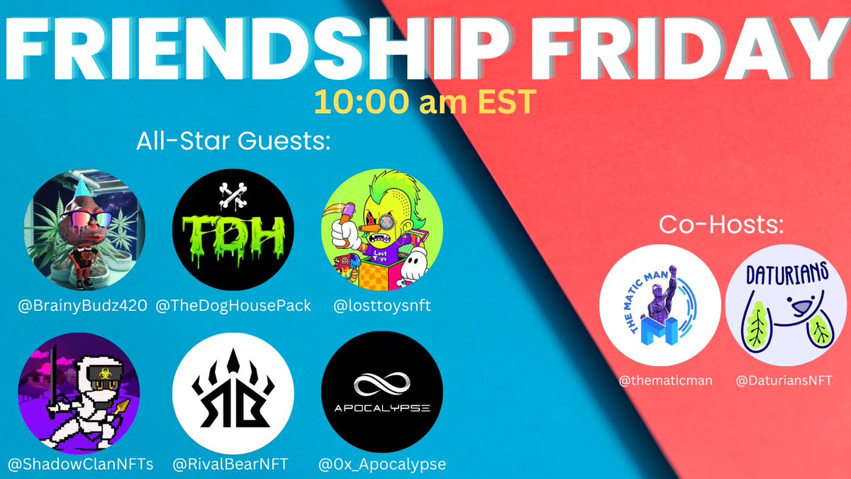 Join <a href="/thematicman/">THE MULTICHAIN MAN</a> and <a href="/BigNillCollect/">Nill</a>, Founder of <a href="/DaturiansNFT/">Daturians NFT🌱</a>, as they speak with these great projects: 

🚀 <a href="/RivalBearNFT/">Rival Bears</a> 
🚀 <a href="/ShadowClanNFTs/">The Shadow Clan</a>
🚀 <a href="/losttoysnft/">Lost Toys</a> 
🚀 @BrainyBudz420 
🚀 <a href="/TheDogHousePack/">The Dog House - TDH</a>
🚀 <a href="/0x_Apocalypse/">APOCALYPSΞ</a> 

⏰ Friday at 10:00 am EST  

Click Here: