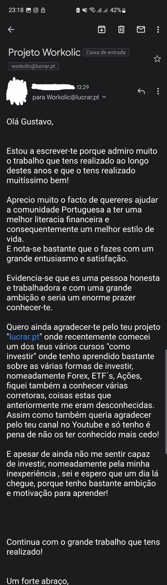 Workol1c's tweet image. Admiro as pessoas que tiram alguns minutos do seu tempo para enviar este tipo de mensagem e agradecimento.
Têm o meu sincero respeito. Obrigado!