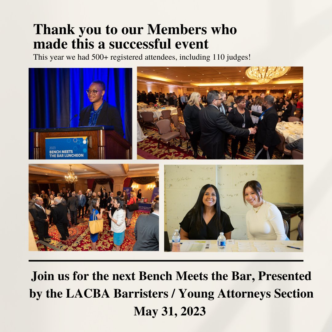 LACBA's tweet photo. ๐ Last week's Bench Meets the Bar Luncheon was an amazing time. Scroll to learn more about this annual event, and follow the link for more photos taken by @hectorislas!
https://t.co/GZuiee23qQ
#lacba #litigation #attorney #californialaw #benchmeetsbar #judge #law https://t.co/vdyjQVRSOn