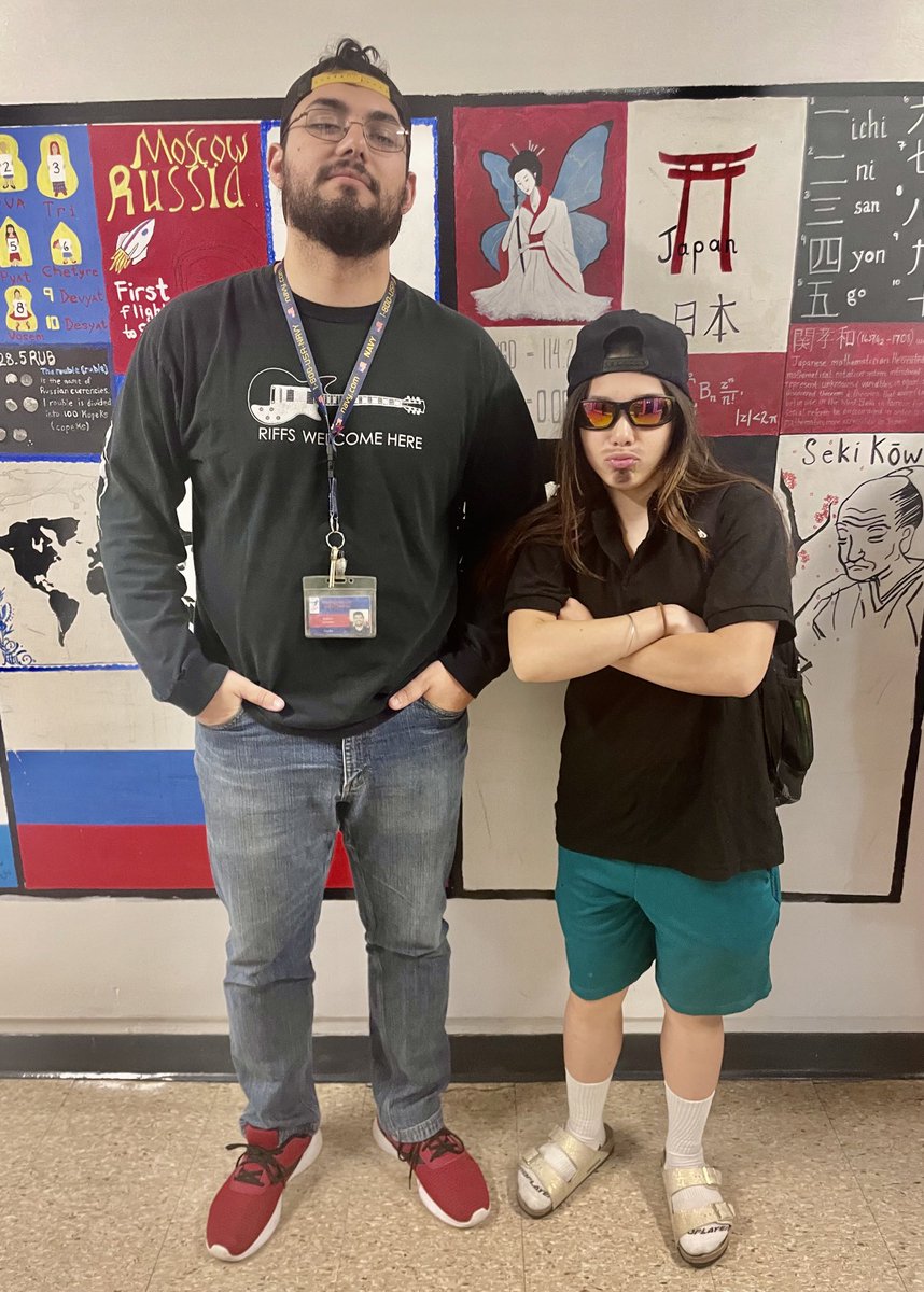 Dress like ⁦<a href="/AdamSandler/">Adam Sandler</a>⁩ Day today—Mr. Gonzalez and Skyla 🧢 🩳 #countingdown
