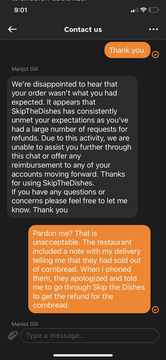 CalamityJenni's tweet photo. @SkipTheDishes I’ve placed 80 orders over 5 years. On the infrequent occasion when a restaurant missed an item, I requested a refund on that item only. So WHY, the last time that happened, was I given this obnoxious message by your so-called “customer service”? https://t.co/ASazbOMfpK