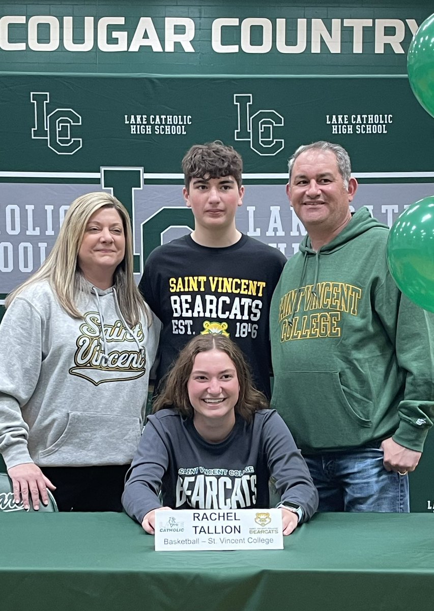 Lake Catholic Girls Basketball (@ladycougarhoops) on Twitter photo Big congratulations to our Senior Rachel Tallion on her official college signing day! Rachel will be continuing her basketball career next year at St. Vincent College! 👏🏼🏀Were so proud of you and know you will do great things as a Bearcat! 🐾💚 #OnceACougar <a href="/racheltallion/">rachel tallion</a> Big congratulations to our Senior Rachel Tallion on her official college signing day! Rachel will be continuing her basketball career next year at St. Vincent College! 👏🏼🏀Were so proud of you and know you will do great things as a Bearcat! 🐾💚 #OnceACougar <a href="/racheltallion/">rachel tallion</a>