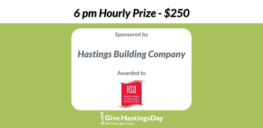 Congrats to Hastings Symphony Orchestra for winning the 6 pm hourly prize. An extra $250 will go to this nonprofit thanks to Hastings Building Company. Thank you!