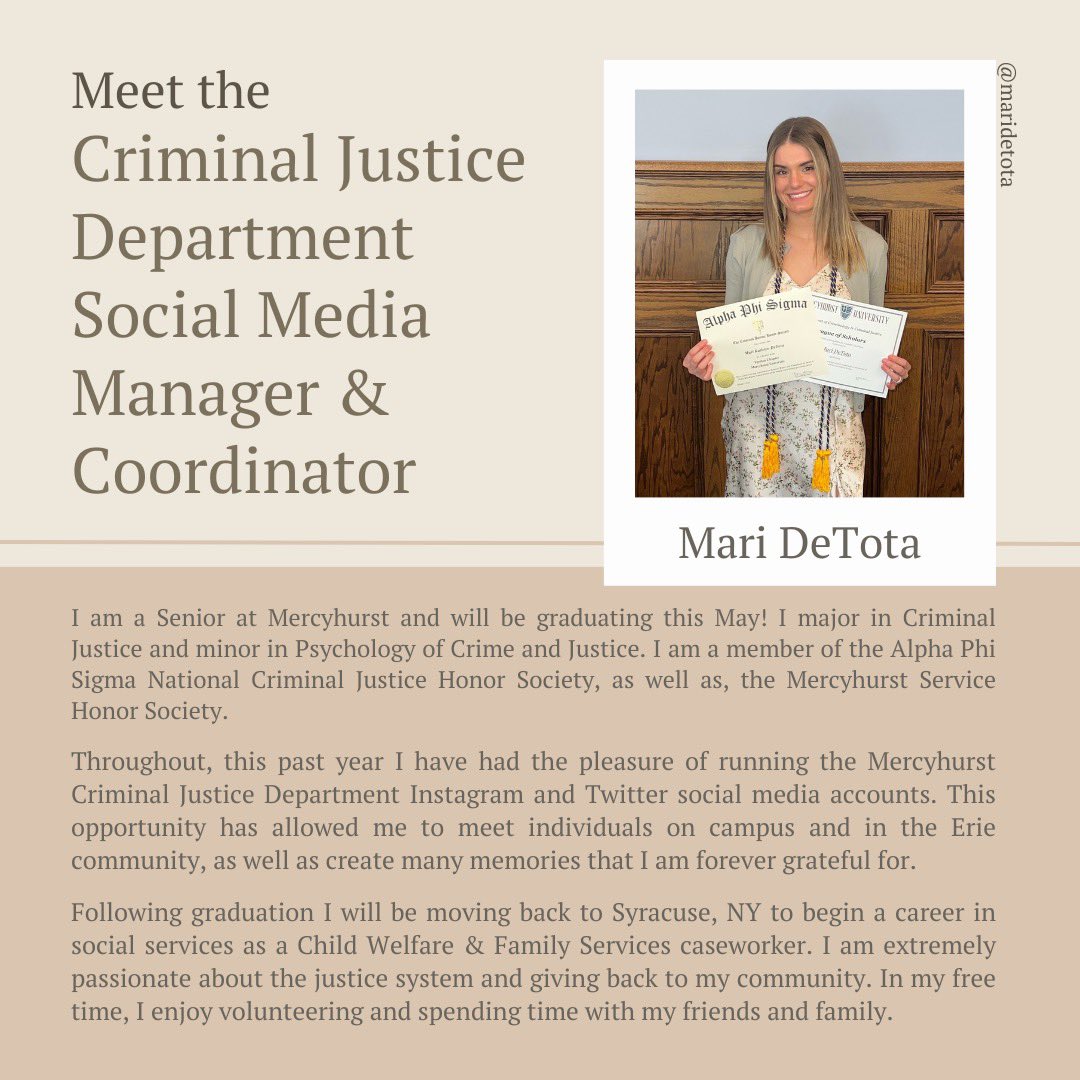 MercyhurstCJ's tweet photo. Meet the Criminal Justice department social media manager and coordinator!🤩 https://t.co/4U4dVO5B3G