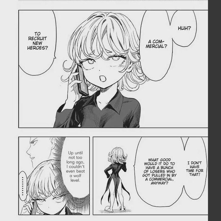 Poronyos's tweet photo. #OnePunchManSpoiler #onepunchman184 #OPMSpoiler #OPM184 Wow... What did he do to her?! D: She is even doing commercials now because of Saitama! Or does she hope there could be one as strong as him so she could have more fun?! https://t.co/p2U9M2nBgN