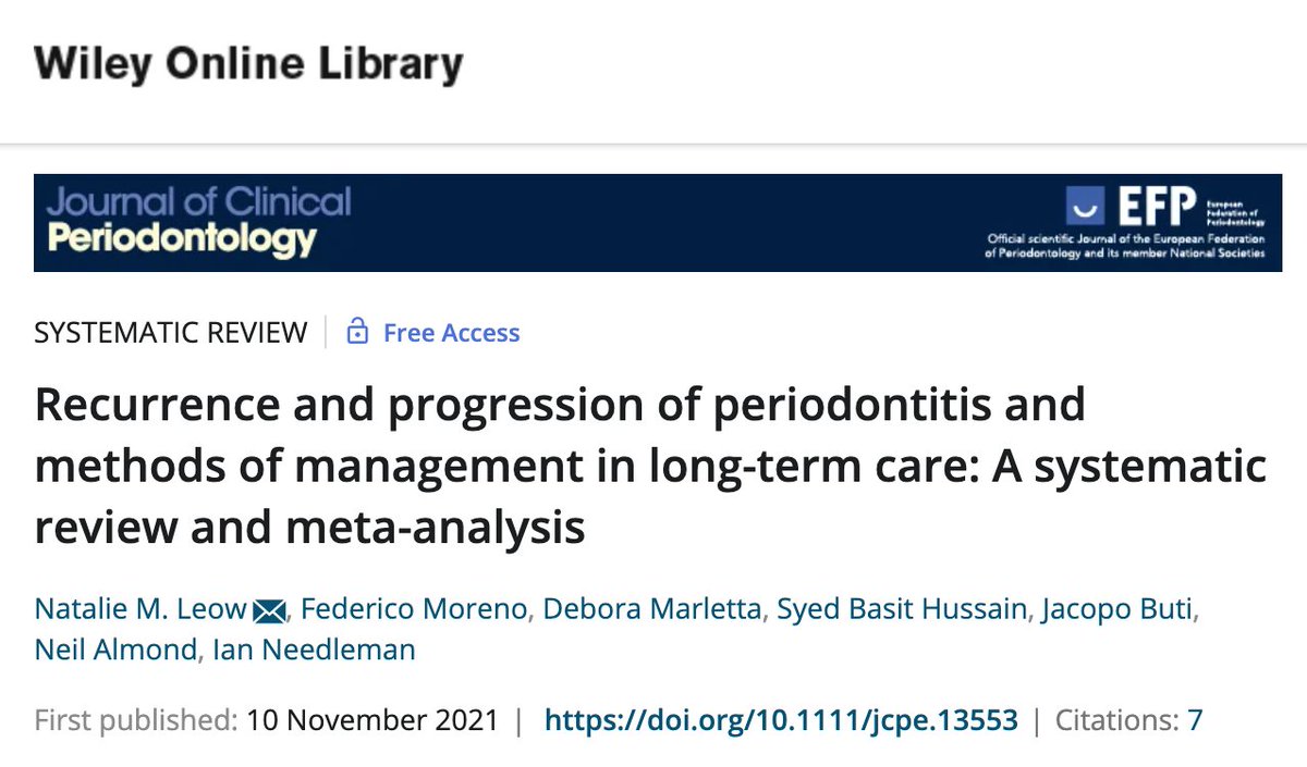 Recurrence and progression of #periodontitis and methods of management in long-term care - read this free-access systematic review &amp; meta-analysis published in the JCP by Natalie Leow et al. #EFPerio #JCPbyEFP #periodontology
bit.ly/3RILon8