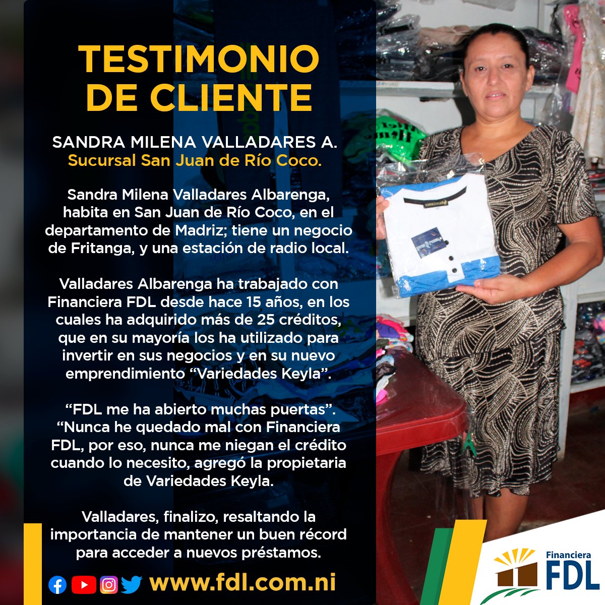 financierafdl's tweet photo. Testimonio de cliente 🗞
Nombre: Sandra Milena Valladares A.
Sucursal #FDL: San Juan de Río Coco.
Adquiere tu crédito para #CapitalDeTrabajo
☎️ 1801 7777
📱 8415 0126
#TestimoniosFDL #NoticiasFDL
Más en: https://t.co/emhP5c9ekX https://t.co/IH4D7F27TS