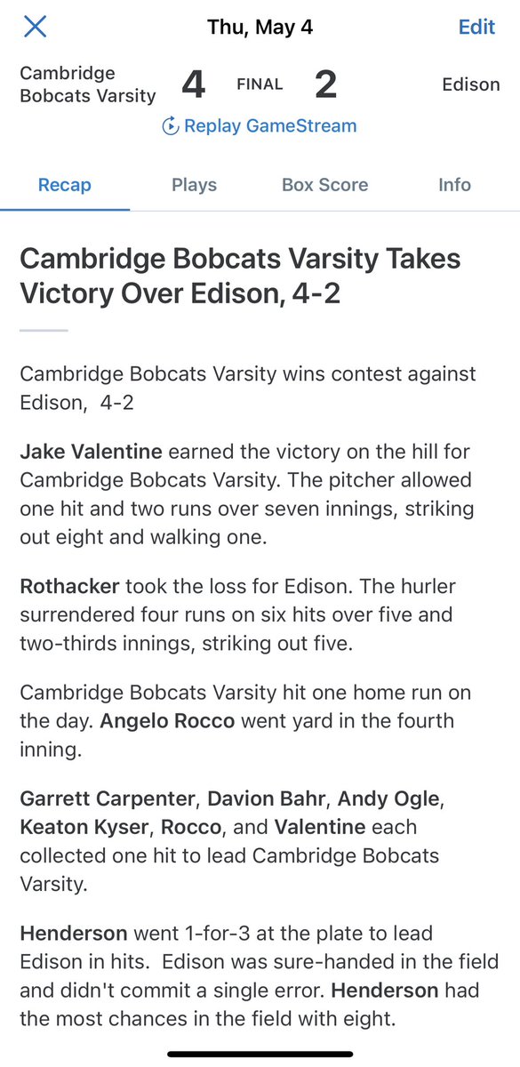 The boys went out and played good tonight and got the W 4-2 over Edison! <a href="/AngeloRocco22/">Angelo Rocco</a> with his first high school homerun in the 4th <a href="/jakevalentine0/">Jake Valentine</a> with a 1 hit 8ks performance.#TEAM #KeepItRollin