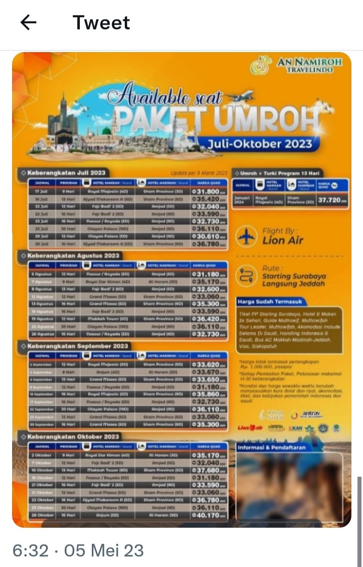 Update program Umroh &amp; Haji
An Namiroh 2023-2024
Banyak pilihan waktu merealisasikan
keberangkatan ke Ka'bah

Basis umroh_haji 2023-2024                      :0896--1844--4822

#mekkahmadinah
#raudhah
#umrohhaji2023 
#tabunganumroh 
#annamiroh
#ulam
#masjid
#takmirmasjid