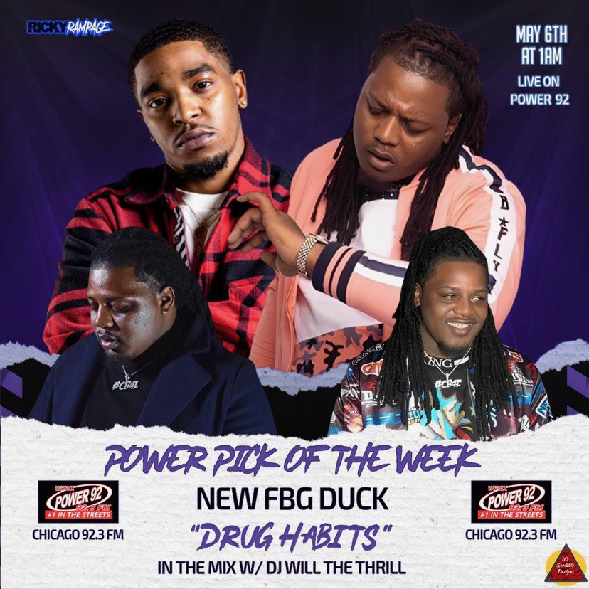 Power92Chicago's tweet photo. @RickyRampage_  will be breaking a BRAND NEW  #FBGDuck record on his show live on @power92chicago 92.3FM w/ @djwillthethrill 🔥🚀🦍🍾  You wanna hear it? HE GOT IT. 🔥🔥🔥So lock in with him and the Power Pick of The Week this Saturday May 6th only on @power92chicago 💯. https://t.co/zgX0FdDVYt