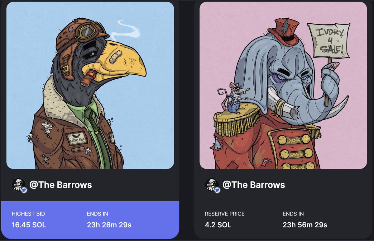 The_Barrows's tweet photo. ANNNND We're off! 

Both #04 🪶 | #05 🐘 have begun, 

Bids have come in on Chester, waiting for the reserve to be hit on Elroy. 

24 hours to go 🫡 https://t.co/ZVmxIPOtdY
