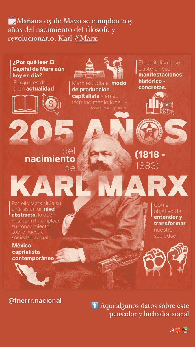 FNERRR_NACIONAL's tweet photo. 🗓️Mañana 05 de Mayo se cumplen 205 años del nacimiento del filósofo y revolucionario, Karl #Marx. 

Los fenerianos lo recordamos, y en nuestra lucha por un país mejor, retomamos sus ideas, posturas y su legado.

☭❤️‍🔥📚

Aquí algunos datos sobre este pensador y luchador social🔥👇🏽 https://t.co/GdYBjbxMTz
