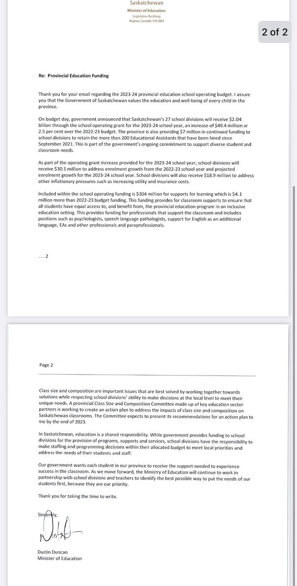 msyaqoob_'s tweet photo. Imagine spending time writing a personalized email filled with actual examples of the realities of underfunded public education, only to get a copy-paste response back. @SaskParty the response doesn’t address any of the questions I asked???? https://t.co/4u8CJ9Nm5r