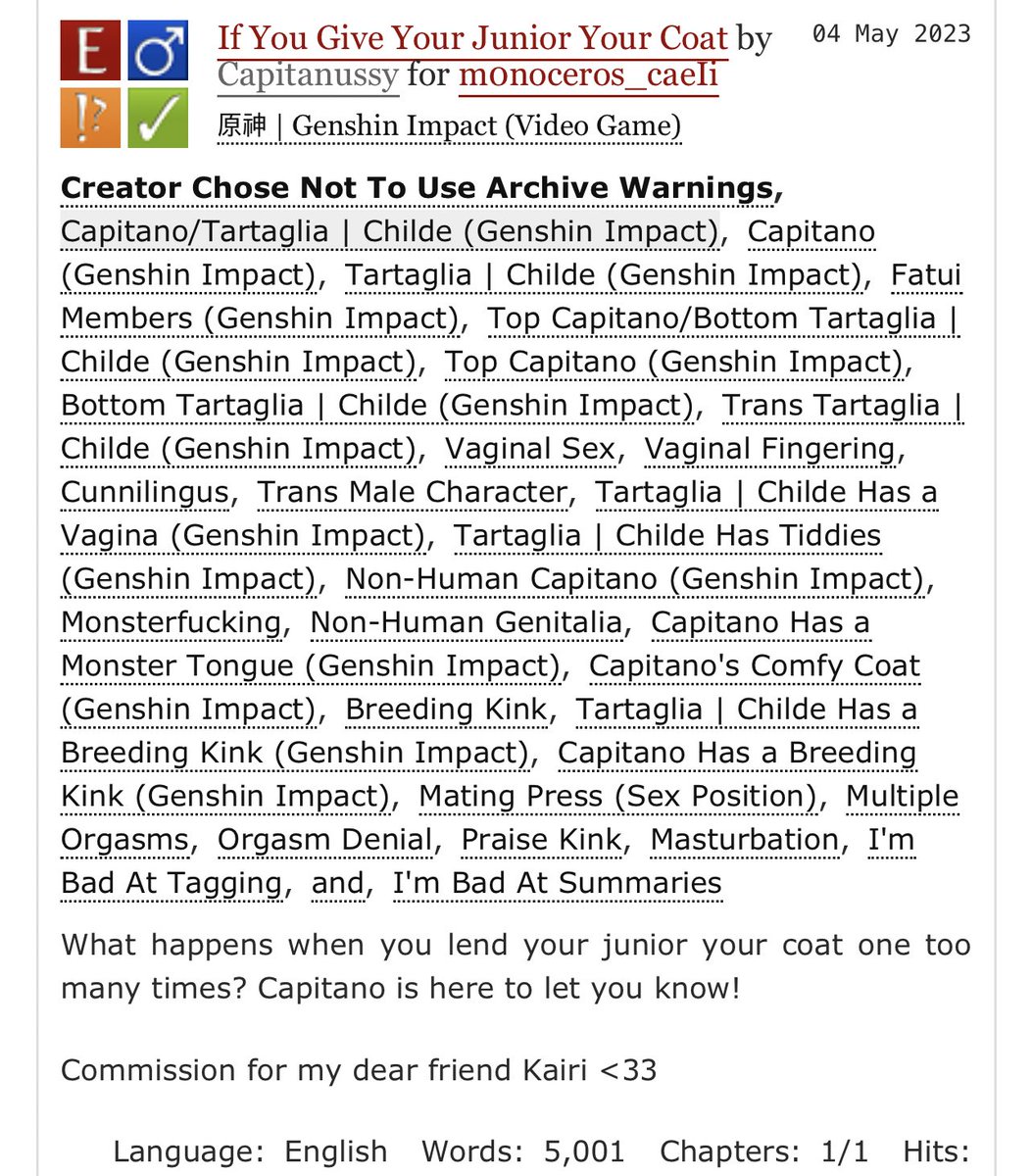 Capitanussy's tweet image. New work out now!

“If You Give Your Junior Your Coat”
Ship: #Capitaru 🛡️💧
Rating: 🔞
Words: 5K

🌸Childe/Trans Childe + some yummy breeding kink! And ofc Capi being a gentleman 🤭

Read here! ⬇️
archiveofourown.org/works/46955182