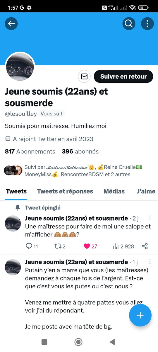 camille_fetich's tweet photo. @lesouilley @lacourdesfakes
Cette petite merde voulait être affiché pour briller !! Il va l'être mais en tant que gros bouffon. Tutoiement, manque de respect, un honte pour les soumis véritable. A fuir absolument !!
#soumis #findom #femsom #moneyslavefrance https://t.co/aA0XGNpY3e