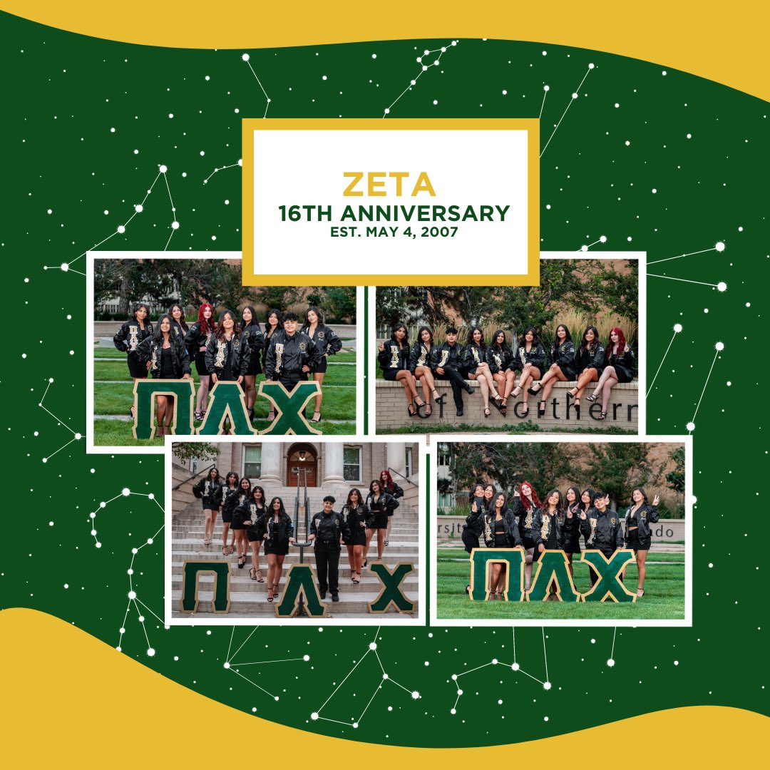 We would like to wish a happy Chapter Founder’s Day to Zeta!

On May 4, 2007 Zeta Chapter was established on the University of Northern Colorado campus! ✨

Today we celebrate all of the work you’ve put in to uphold our rays of excellence &amp; your golden presence on campus!