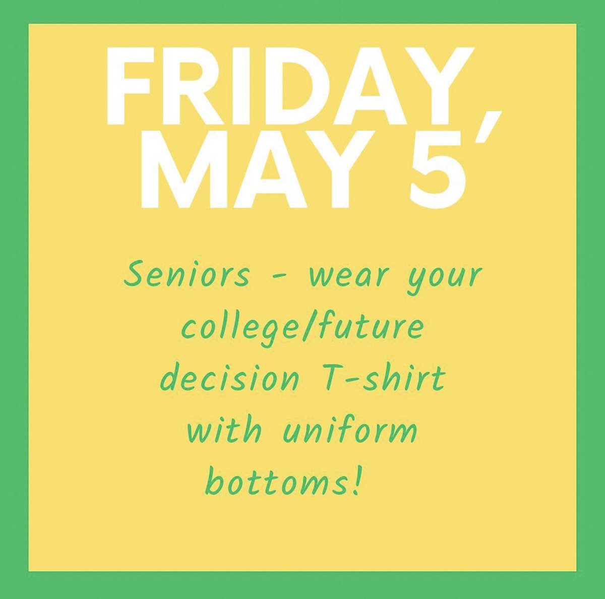 @LCCrusaders seniors don’t forget to wear your college/university tee shirt over your uniform tomorrow #collegedecisionday @Jennife77090497 @annetempleton @AmyHerron @bctesche @LC_STEM